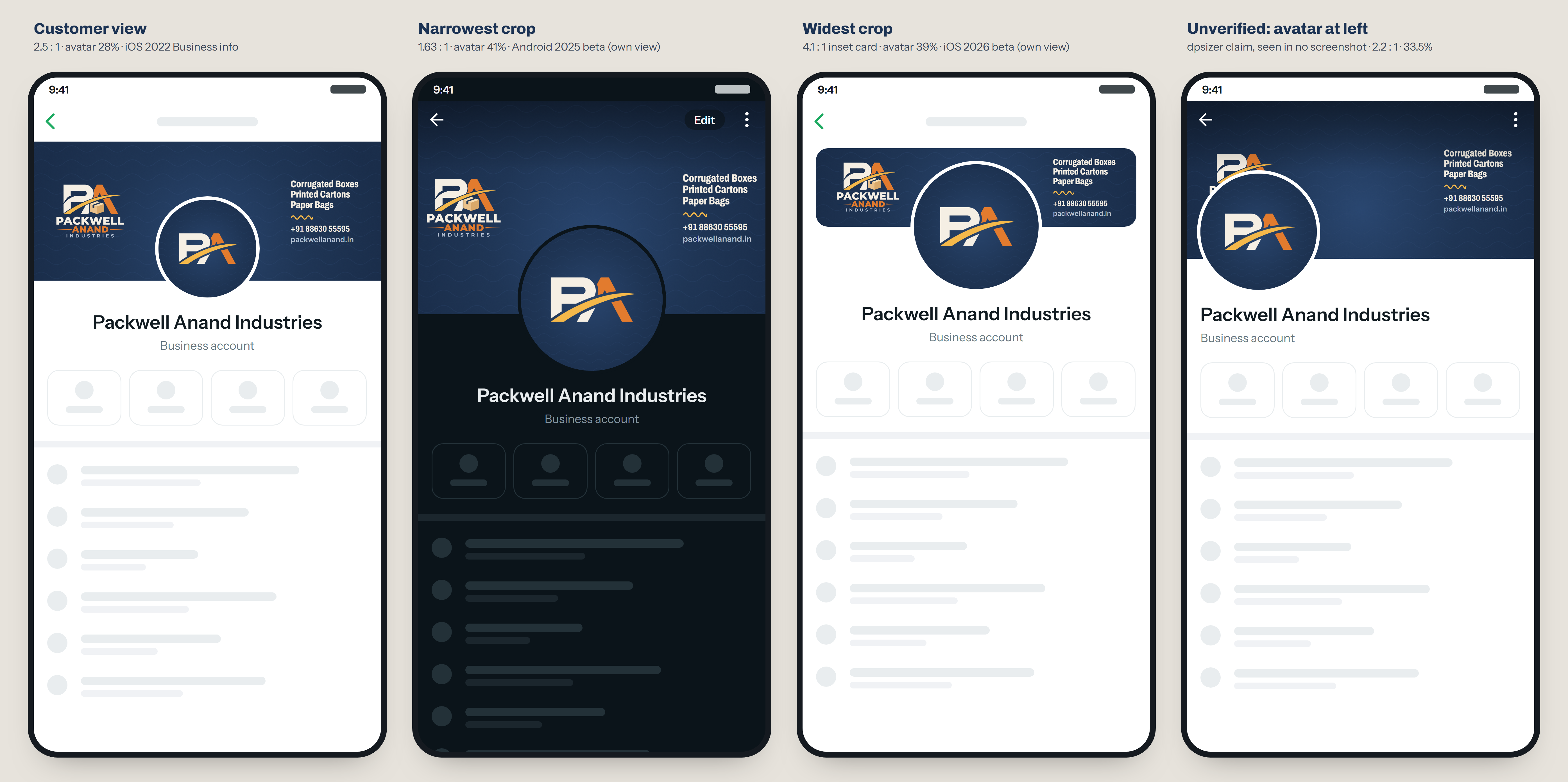 Mobile app UI — business account screens